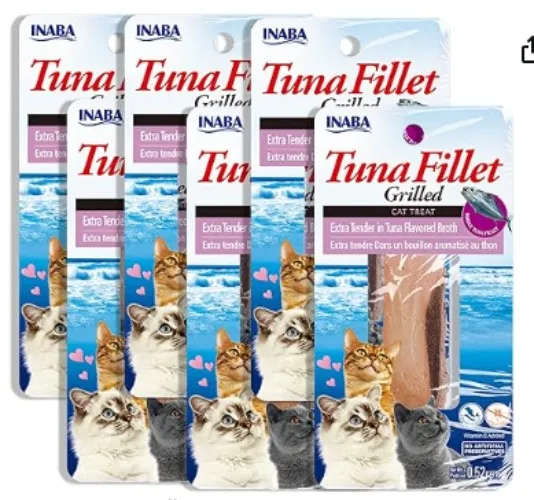 INABA Premium Hand-Cut Grilled Tuna Fillet Cat Treats/Topper with Vitamin E and Green Tea Extract, Pack of 6