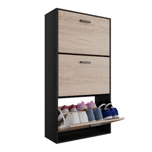 Organize Schuhschrank für 18 Paare - schuhkipper schmal - schuhregal geschlossen für Eingang, Flur - B60xT24xH113 cm – Schwarz/Helles Holz - 3 KLAPPEN Schwarz