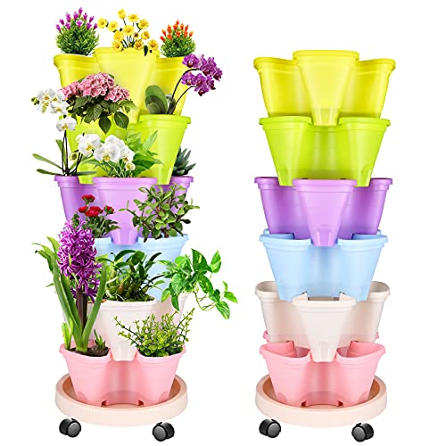 6 Tier Plant Pots, Self Watering Stackable Flower Pots with Movable Tray Casters,Vertical Tower Planter Set for All House Plants, Flowers, Herbs, Vegetable, Fruits, Succulents - Multiple Colors - Multiple Colors