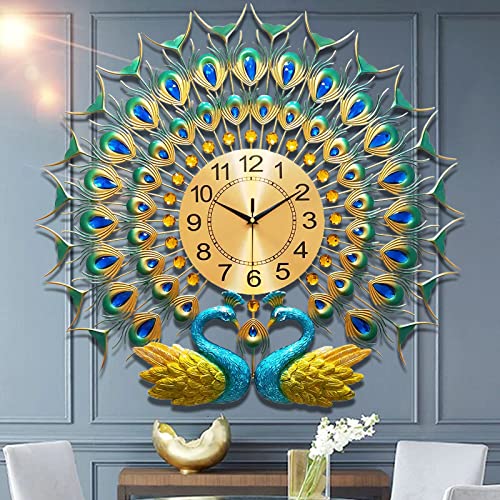 Large Peacock Wall Clock for Living Room Decor 28 inch Luxury Metal Non-Ticking Silent Art Big Blue Wall Clock Decor Elegant Decorative Modern Wall Clock - Aa