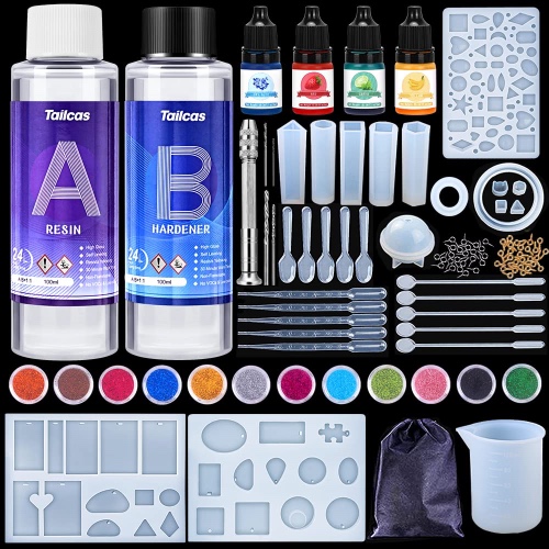 Tailcas Epoxyhars-set voor beginners, 200 ml, epoxyhars, siliconen vormen epoxyhars, sieraden zelf maken set voor kunst, handwerk, sieraden, met maatbeker en stro
