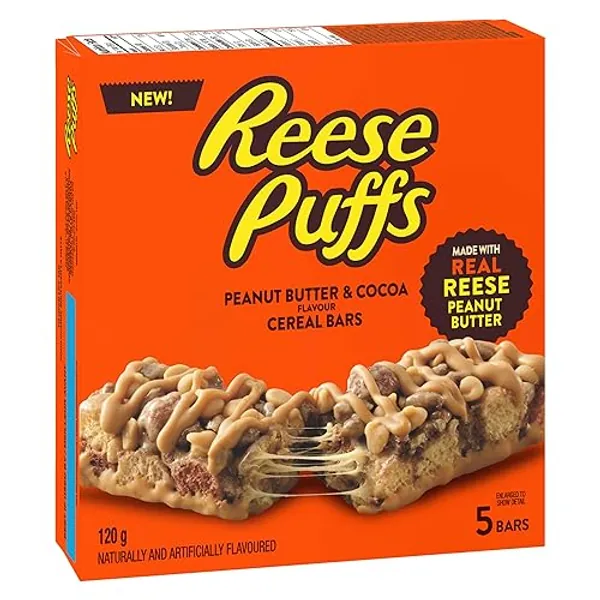 REESE PUFFS Treats Peanut Butter and Cocoa Flavour Cereal Bars, Pack of 5, 120 Gram, 12 Count