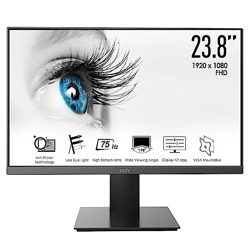 MSI Pro MP241X 24” Monitor, Full HD 1080p, 75Hz Refresh Rate, Anti-Glare Display, Less Blue Light, VESA Mountable, HDMI and VGA, Black - MP241X