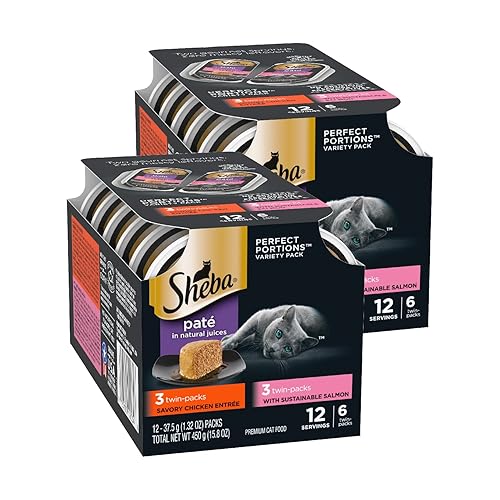Sheba Perfect Portions Wet Cat Food Pate Savory Chicken Entree and With Sustainable Salmon Variety Pack, 2.6 oz., Twin-Pack Trays (6 Count, 12 Servings) (Pack of 2) - Chicken & Salmon - 1.32 Ounce (Pack of 24)