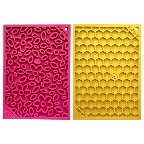 Small Pink Flower Power & Small Yellow Honeycomb eMat Lick Mat Bundle - Small Flower Power - Small Honeycomb