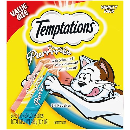 Temptations Creamy Puree with Chicken, Salmon, and Tuna Variety Pack of Lickable, Squeezable Cat Treats, 0.425 Oz Pouches, 24 Count - Variety Pack - 24 Count (Pack of 1)