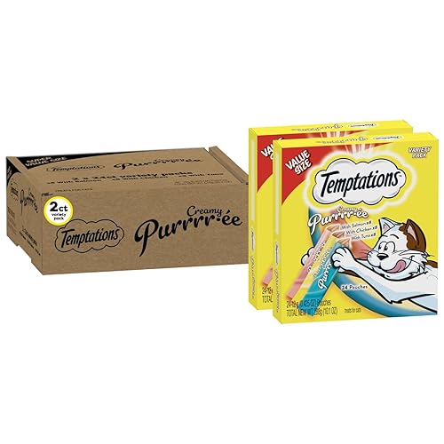 Temptations Creamy Puree with Chicken, Salmon, and Tuna Variety Pack of Lickable, Squeezable Cat Treats, 0.42 Oz Pouches, 48 Count - Variety Pack - 0.42 Ounce (Pack of 48)