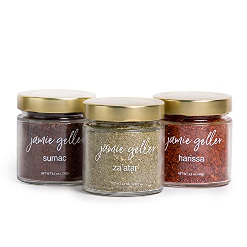 Jamie Geller Middle Eastern Condiment Combo (Set of 3) - Za'atar Spice (3.5 oz Glass Jar, 100g) | Sumac Seasoning (3.5 oz Glass Jar, 100g) | Harissa (3.2 oz Glass Jar, 90g) - Middle Eastern Condiment Combo