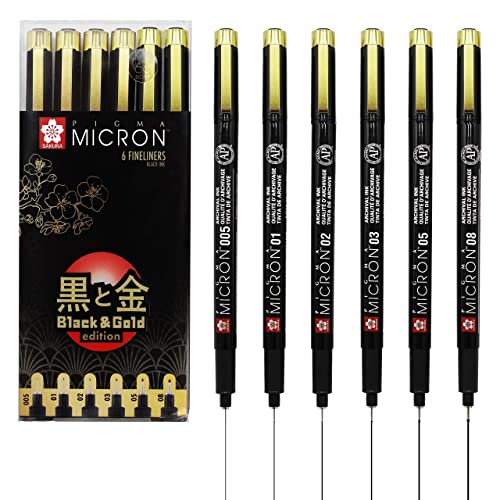 SAKURA Pigma Micron Black & Gold Edition fineliner set | 6 sizes, black (POXSDKB6YOS)