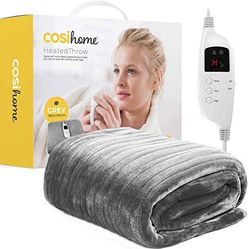 Cosi Home® Heated Throw - Electric Blanket - Extra Large Heated Blanket, Machine Washable Fleece with Digital Remote, Timer and 9 Heat Settings (Grey) - Grey