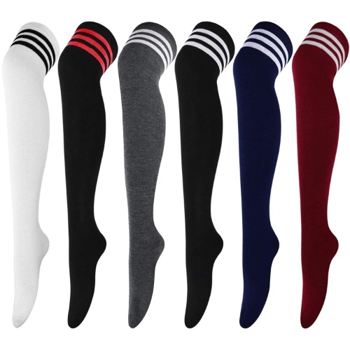 DRESHOW 6 Pairs High Thigh Socks Striped Over Knee Thin Tights Long Stocking for Women Leg Warmer - 6 Pairs: Gray, White, Black, Navy, Red