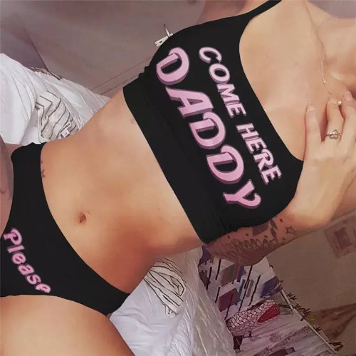 Come Here Daddy Cropped Tank Top with Matching Panties - M / Black