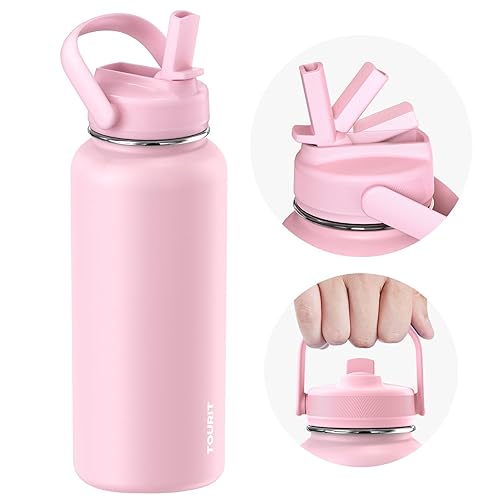 TOURIT 32 oz Insulated Water Bottle, Stainless Steel Water Bottles With Straw, Double Wall Vacuum Metal Thermos for Cold and Hot Drinks, Leak Proof BPA Free Water Flask for Sports and Travel, Pink - Pink - 32 Ounces