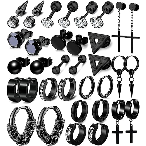 17 Pairs Earrings for Men, Stainless Steel Earrings For Men Sensitive Skin, Fashion Earring Piercing Jewelry Cross Dangle Hoop Earrings Kit Studs Long-lasting Shine - Black