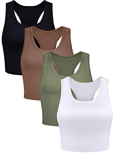 Boao 4 Pieces Basic Crop Tank Tops Sleeveless Racerback Crop Sport Top for Women - Black, White, Army Green, Coffee - Large