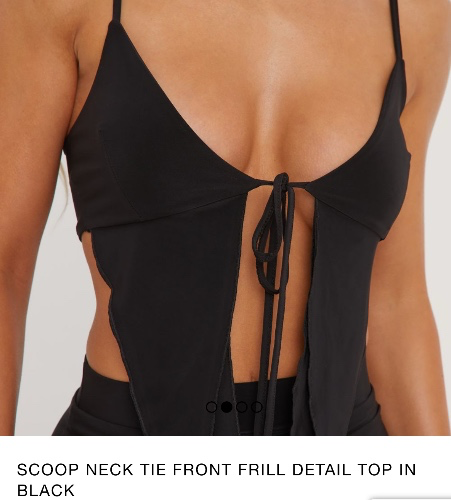 Scoop Neck Tie Front Frill Detail Top In Black