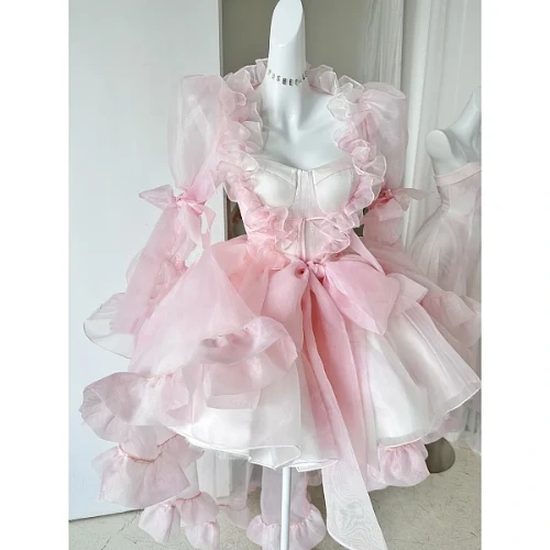 [$58.50]Pink Med-Length Ruffles Train Top