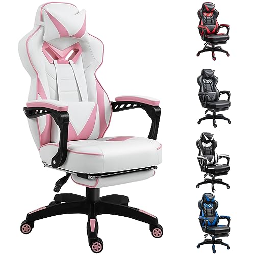 Vinsetto Racing Gaming Chair with Footrest, PU Leather Office Chair, Computer chair with Lumbar Support, Headrest, Pink - Pink