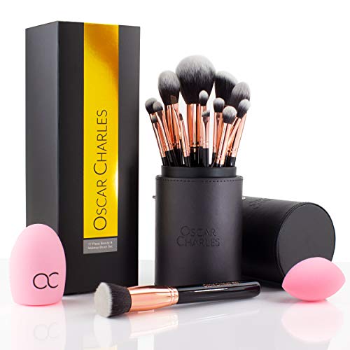 Oscar Charles 17 Piece Professional Makeup Brush Set: Make up brushes with Case, Beauty Blender, Brush Cleaner, Product Guide and Gift Box - Rose Gold
