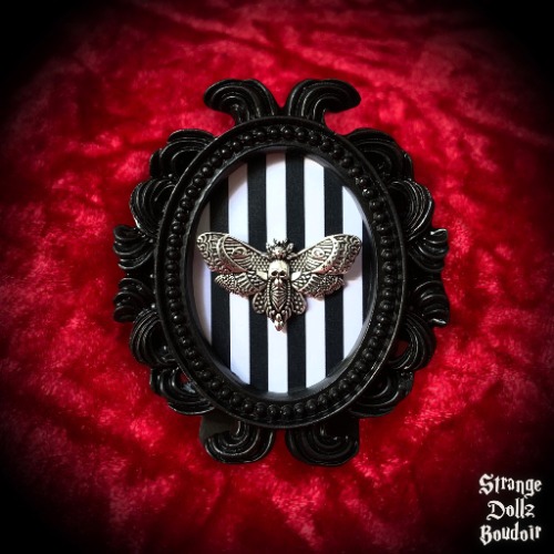 PRE-ORDER - Small gothic death moth frame, beetle stripes, gothic home decor, luxury gothic frame, Strange Dollz Boudoir - Back stand