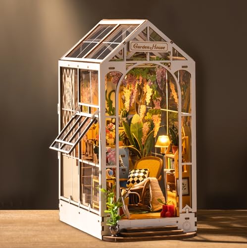ROBOTIME Book Nook Kit Gardenhouse with LED Lights, DIY Miniature Dolls House Kit 3D Wooden Puzzle Bookend Booknook Book Shelf Decoration Gift