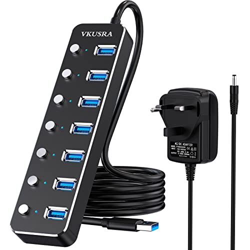 USB 3.0 Hub Powered, VKUSRA Aluminum 7 USB Port SuperSpeed USB Data Hub with 5V3A Power Adapter and Individual On/Off Switch for Surface Pro, XPS, PC Laptop, Desktop, NoteBook and More - USB Hub+5V3A Power