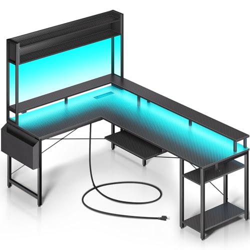Rolanstar L Shaped Gaming Desk with Power Outlets & LED Lights, Reversible Computer Desk with Keyboard Tray, Storage Shelves, Monitor Stand & Hutch for Home Office, Carbon Fiber Black - Carbon Black