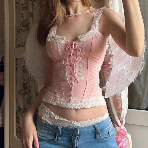 Cute Pink Lace Up Fitted Kawaii Strap Top - Pink / L