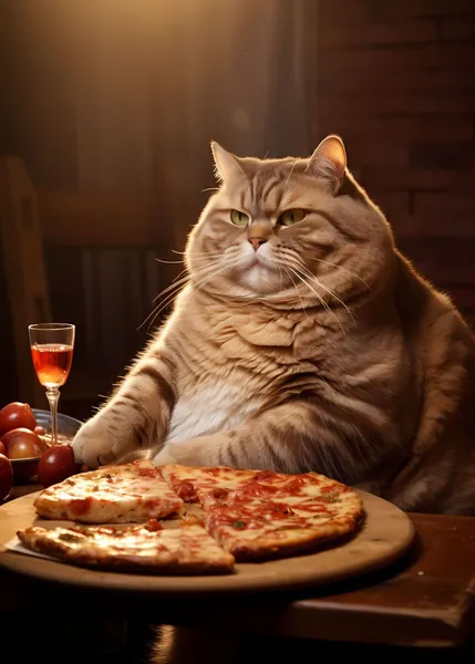 'fat cat pizza dinner food' Poster, picture, metal print, paint by Autophil | Displate