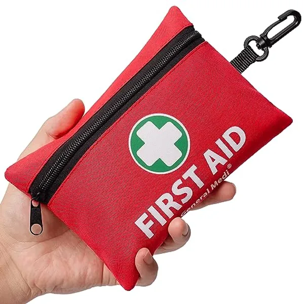 General Medi Mini First Aid Kit, 110 Piece Small First Aid Kit - Includes Emergency Foil Blanket, Scissors for Travel, Home, Office, Vehicle, Camping, Workplace & Outdoor (Red)