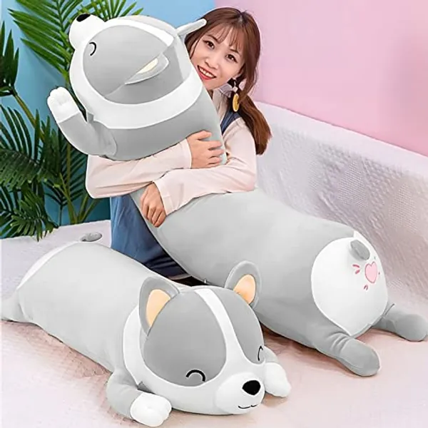 SNOWOLF Shiba Inu Plush Pillow 47inch Stuffed Animal Cute Long Dog Pillow Corgi Akita Soft Plush Toy Comfort Cushion Gifts for Girls Boys (Grey, 120cm/47.2inch) - Grey - 120cm/47.2inch