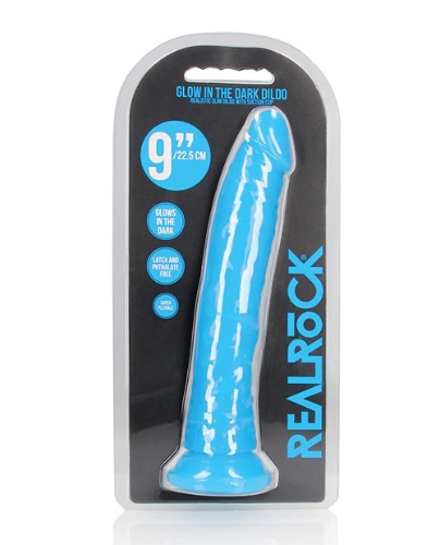 Shots Realrock Slim Dildo Glow In The Dark - Neon Blue / 9"