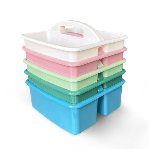 Caddy Organizer l Stackable Plastic Caddy with Handle | Desk, Makeup, Dorm Caddy, Classroom and Craft Organizers and Storage Box Tote | Office and Home (5-Pack)