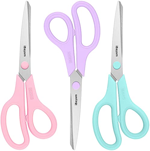 Scissors, iBayam 8" All Purpose Scissors Bulk 3-Pack, Ultra Sharp 2.5mm Thick Blade Shears Comfort-Grip Scissors for Office Desk Accessories Sewing Fabric Home Craft School Supplies, Right/Left Handed - Pastel Pink, Soft Purple, Macaron Blue - 3-Pack