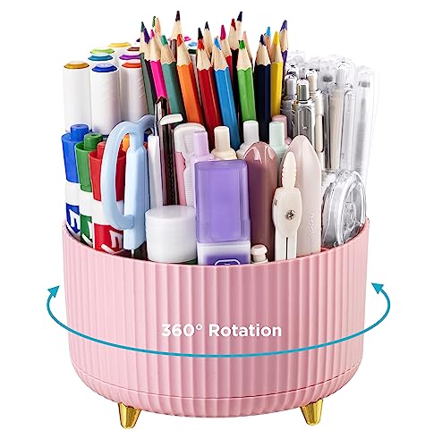 HBlife Pencil Pen Holder for Desk, 5 Slots 360° Degree Rotating Desk Organizers and Accessories, Desktop Storage Stationery Supplies Cute Pencil Cup Pot for Office, School, Home, Art Supply, Pink - Pink
