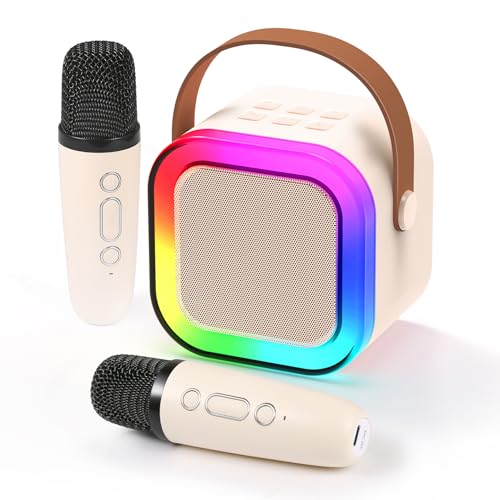 Fede Karaoke Machine for Kids Adults, Mini Karaoke Machine with 2 Wireless Microphones, Portable Bluetooth Speaker with Voice Changing Effects & LED Lights, Best Gifts Toys for Girls and Boys Beige - Beige 2 Mics