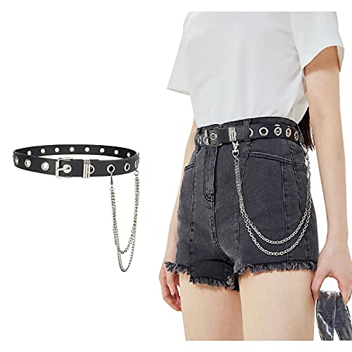 FIORETTO Grommet Leather Belt with Detachable Chain Women Men Punk Rock Waist Belts for Jeans Pants - Single Grommet(with Silver Chain) - Fit Waist up to 37"