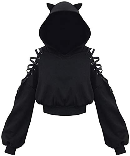 EUDOLAH Damen Hoodie Schulterfrei Katzen Ohr Hoodie Kapuzenpulli mit Bänder kurzes Sweatshirt - M - 1-schwarz