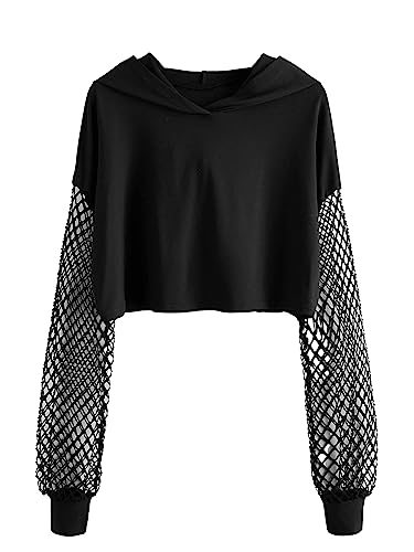 GORGLITTER Damen Crop Kapuzenpullover Hoodie mit Fischnetz Ärmel Pullover Kapuzen Leicht Pulli Langarmshirt - L - Schwarz