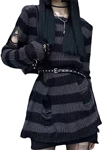 Goth Y2K Striped Sweater Ripped Punk Gothic Sweaters for Women Harajuku Aesthetic Halloween Pullover Tops - One Size - Grey and Black