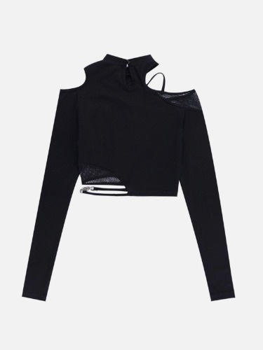 NEV Mesh Cut Out Long Sleeve Crop Top | Black / M
