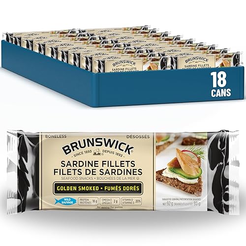Brunswick Sardine Fillets Seafood Snacks Golden Smoked 92g, 18 Count - Canned Sardines - High In Protein - Contains Omega-3 - Excellent Source Of Vitamin D - Ready To Eat - Naturally Smoked