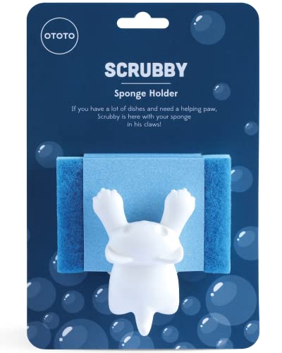 OTOTO Scrubby Sponge Holder for Kitchen Sink, Dishwasher Safe Dish White Cat Sponge Organizer- Rust-Free - 3.9x3.1x3.9 inches - White Cat