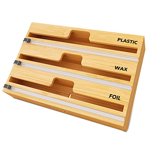 SpaceAid WrapNeat 3 in 1 Wrap Organizer with Cutter and Labels, Plastic Wrap, Aluminum Foil and Wax Bamboo Dispenser for Kitchen Storage Organization Holder for 12" Roll (Natural) - 3-Slot, 3"Tall - 01 Natural