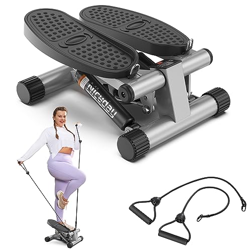 Niceday Steppers for Exercise, Stair Stepper with Resistance Bands, Mini Stepper with 300LBS Loading Capacity, Hydraulic Fitness Stepper with LCD Monitor - Silver Gray
