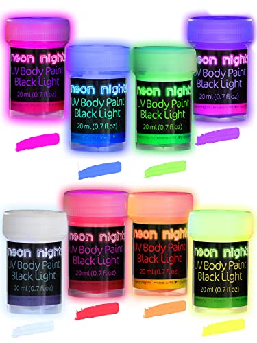 Neon Nights UV Body Paint Set | Blacklight Glow Makeup Kit | Fluorescent Face Paints for Music Festivals, Photo Shoots, Nights Out - Easy to Use and Remove, Premium Quality, Vibrant Colors | 8 Colors - UV Body Paint