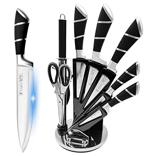 Kitchen Knife Set, Retrosohoo 9-Pieces Black Sharp Non-Stick Coated Chef Knives Block Set,Stainless Steel Knife Set for Kitchen with Sharpener for Cutting Slicing Dicing Chopping (Black) - Black