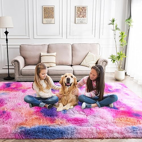 Awaytail Fluffy Rainbow Rug for Living Room 8x10 Feet, Deep Colorful Shaggy Rugs for Bedroom Non Slip 8x10 Area Rugs Girls - Muticolor - 10' x 8' (Rectangular)