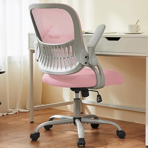 Sweetcrispy Office Computer Desk Chair, Ergonomic Mid-Back Mesh Rolling Work Swivel Task Chairs with Wheels, Comfortable Lumbar Support, Comfy Flip-up Arms for Home, Bedroom, Study, Student, Pink - Pink