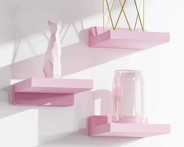 QsQueen Small Floating Shelves Mini Shelves Hanging Display 5 Inch Wall Shelf for Bathroom Livingroom Bedroom,3 Pack, with 2 Types of Installation, Great for Room Decor - Pink